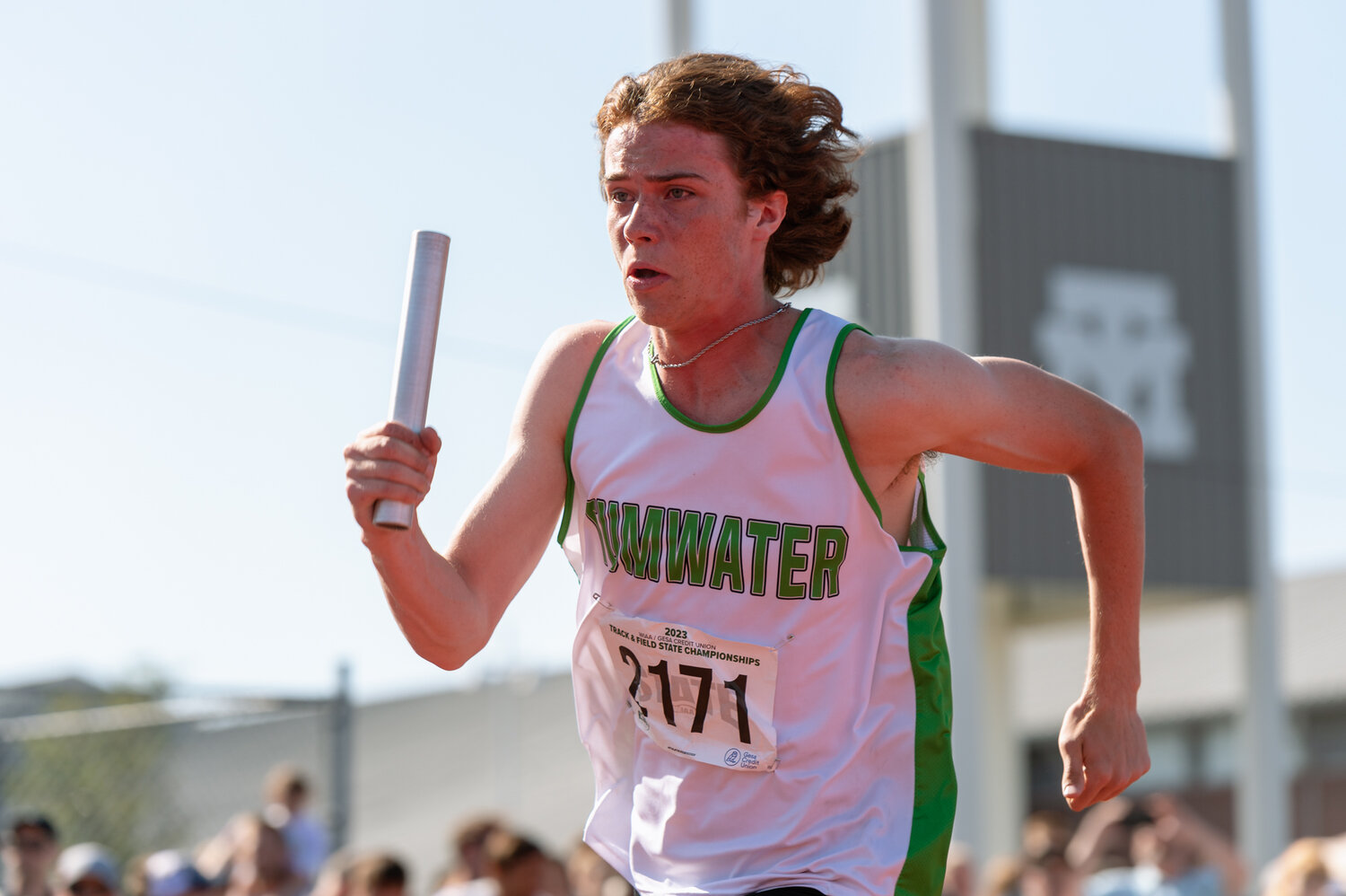 Tumwater’s Josh Schlecht takes off for the opening leg of the 2A boys 4x400 relay at the WIAA 2A/3A/4A State Track and Field Championships on Saturday, May 27, 2023, at Mount Tahoma High School in Tacoma. (Joshua Hart/For The Chronicle)